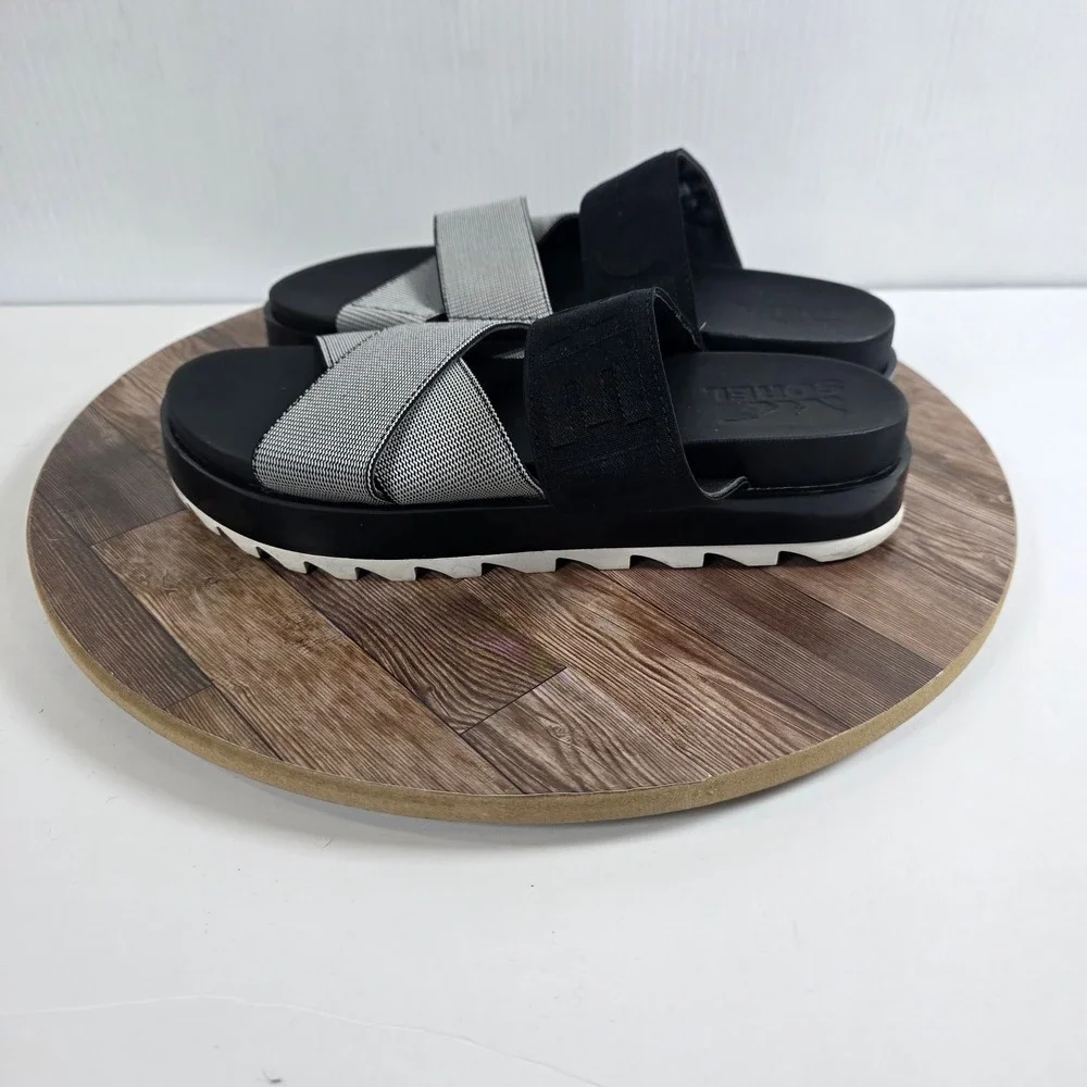 Sorel Roaming Sport Slide Sandals Womens 7 Black White Crisscross Elastic‎ Strap